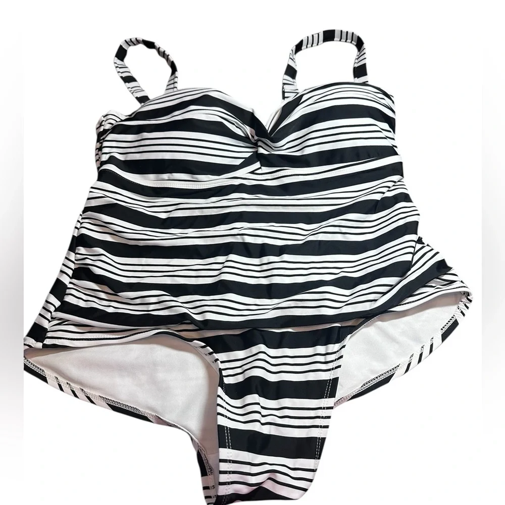 Catalina Black White Striped One Piece adjustable straps‎ Swimsuit 2X 18W 20W